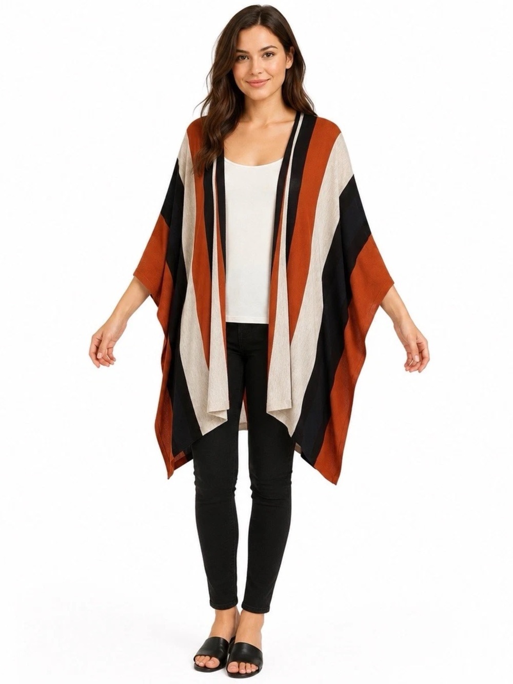 H&M Striped Open-Front Poncho - Rust, Black & Cream